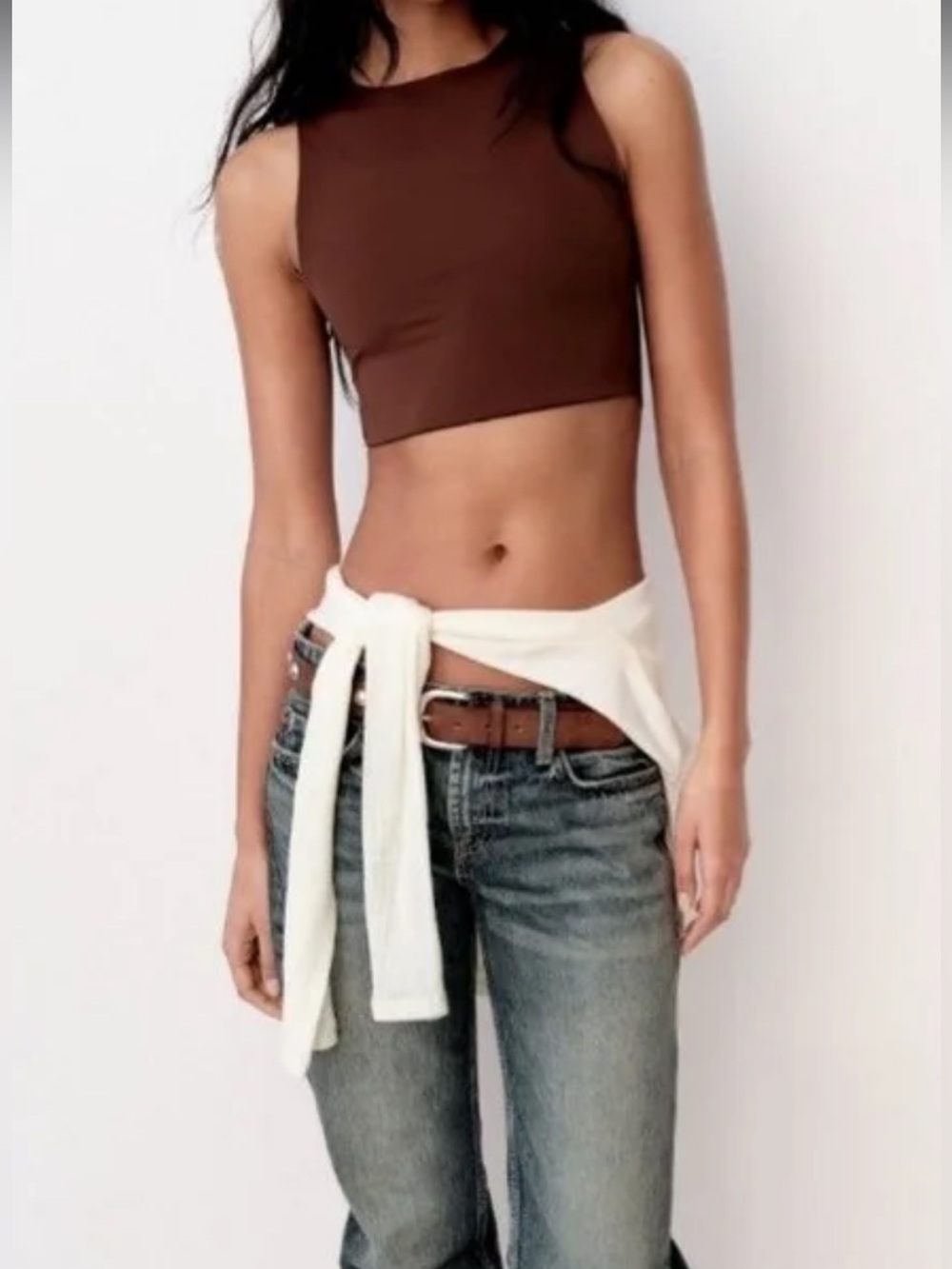 ZARA Polyamide Brown Cropped Tank Top - Women's Sleeveless Crop Top